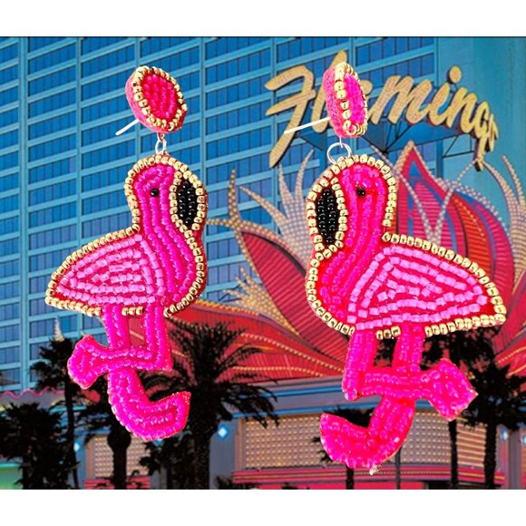 Flamingo Earrings Beaded Dangle Post  New Pink Statement Jewelry Caribbe… - Picture 1 of 12